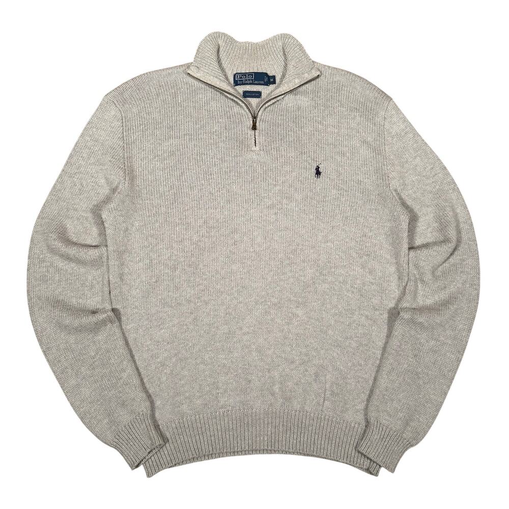 Vinage Polo Ralph Lauren Quarter Zip Sweater Gray Knit 100% Cotton Mens Medium